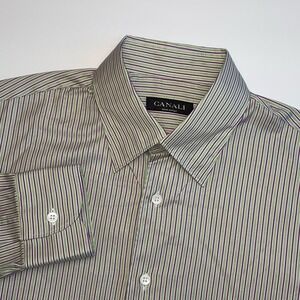 Canali Dress Shirt Mens Medium Striped Long Sleeve Green Purple Cotton Formal‎